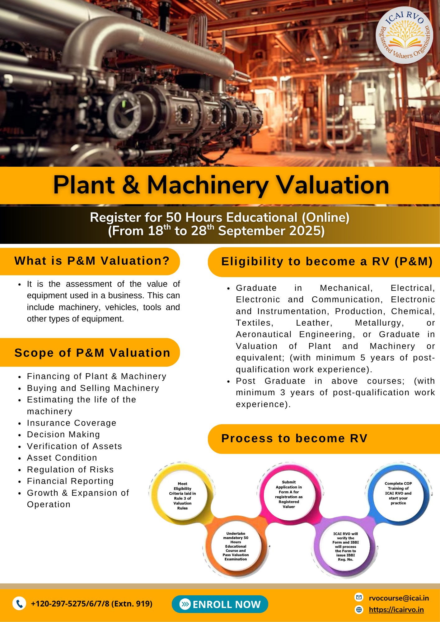 NEXT ON-LINE batch of the 50 Hours Educational Course under asset class ‘Plant and Machinery’ by ICAI Registered Valuers Organisation from 18th to 28th September 2025